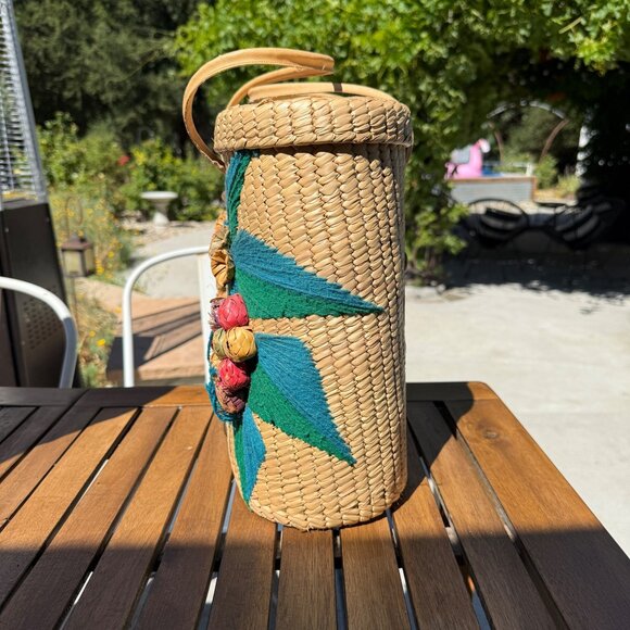 Vintage Woven Straw Tote Bag With Leather Straps & Floral Embroidery - Picture 3 of 8